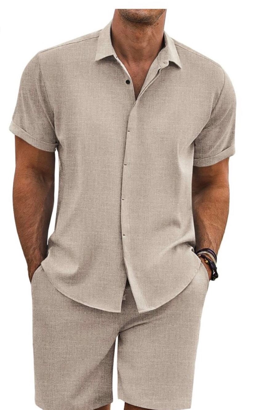 COOFANDY Men 2 Piece Cotton Linen Set Short Sleeve Shirt Beach Shorts XL New